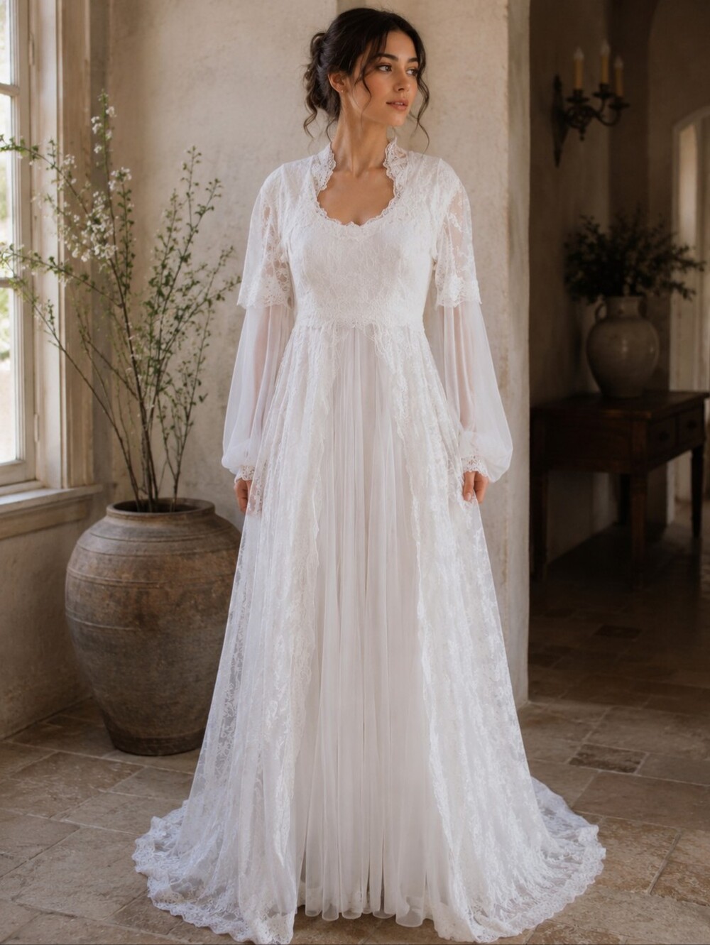 Elegant White Lace Long-Sleeve Wedding Dress